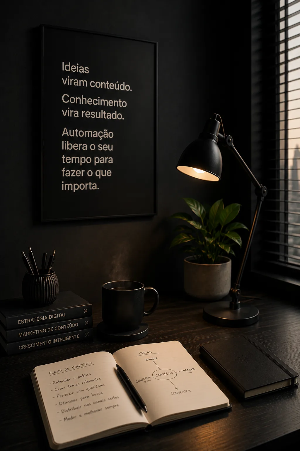 Mesa de trabalho iluminada por uma luminária, com um caderno aberto num plano de conteúdo e um quadro na parede: “Ideias viram conteúdo. Conhecimento vira resultado. Automação libera o seu tempo para fazer o que importa.”